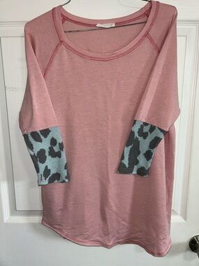 Women's Dusty Rose Long Sleeve Tee with Leopard Cuff Detail